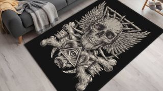 A black rug with a skull design