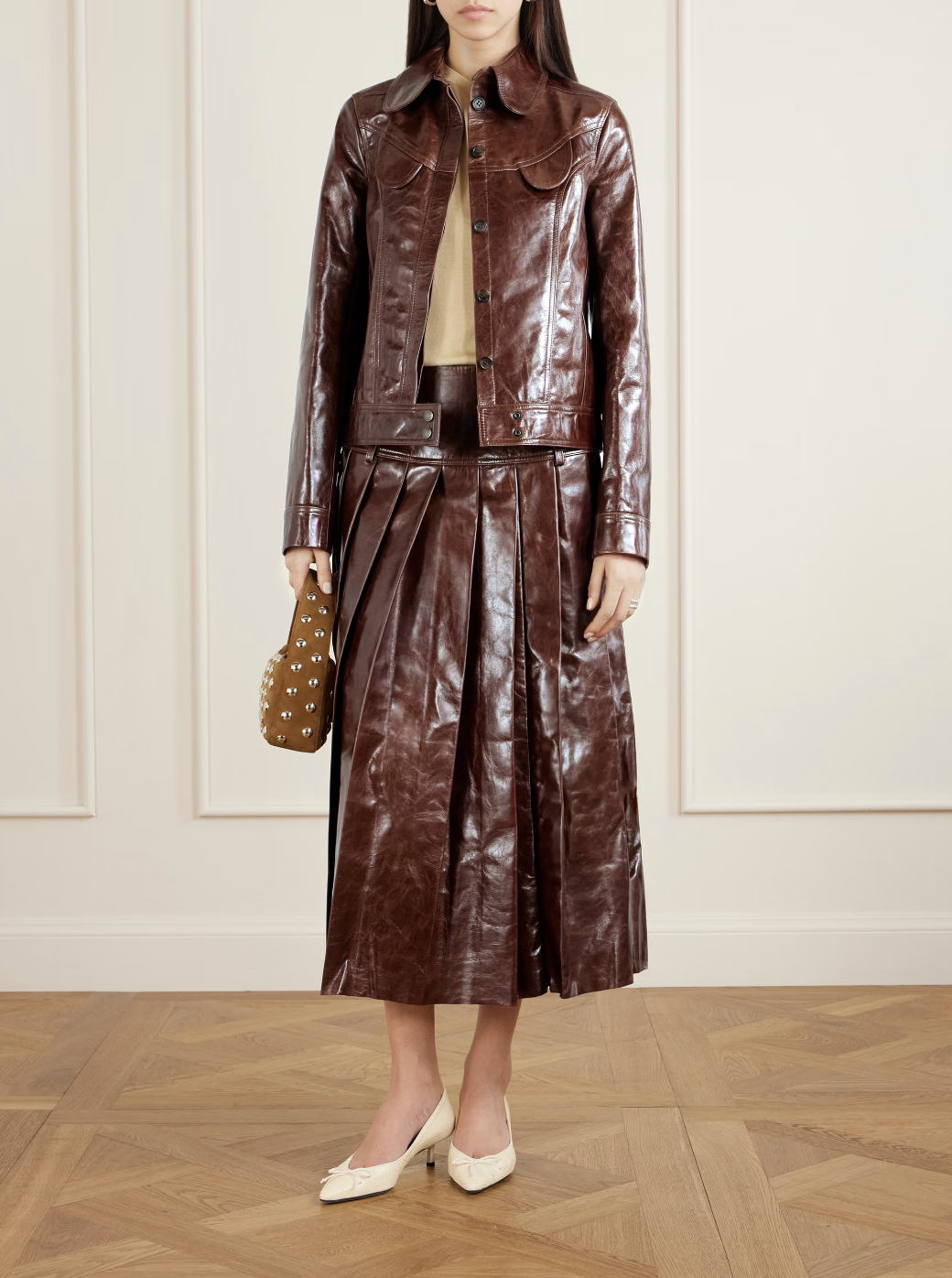 Pleated glossed-leather midi skirt Tolu Coker