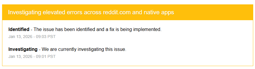 Reddit status page 1-13-26