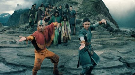 Gordon Cormier as Aang and Kiawentiio as Katara in Avatar: The Last Airbender season 2