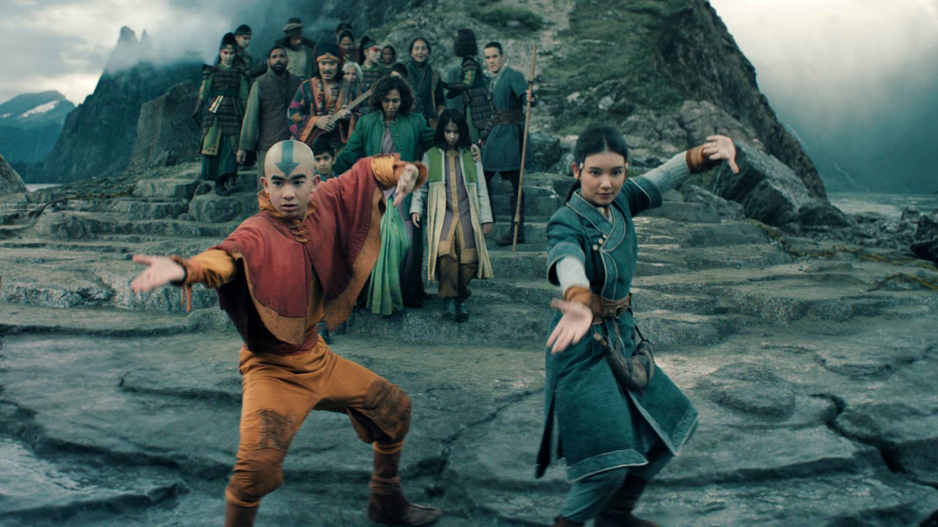 Gordon Cormier as Aang and Kiawentiio as Katara in Avatar: The Last Airbender season 2