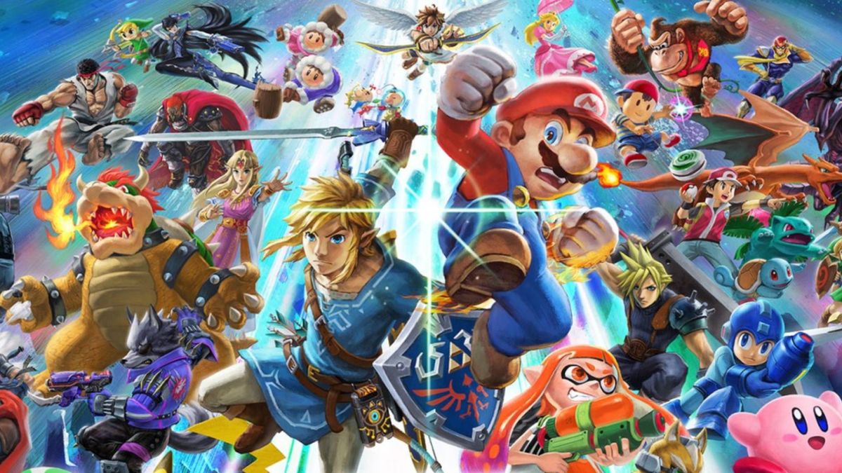 Key art for Super Smash Bros. Ultimate, showing fighters including Mario, Link, Bowser, and Inkling.