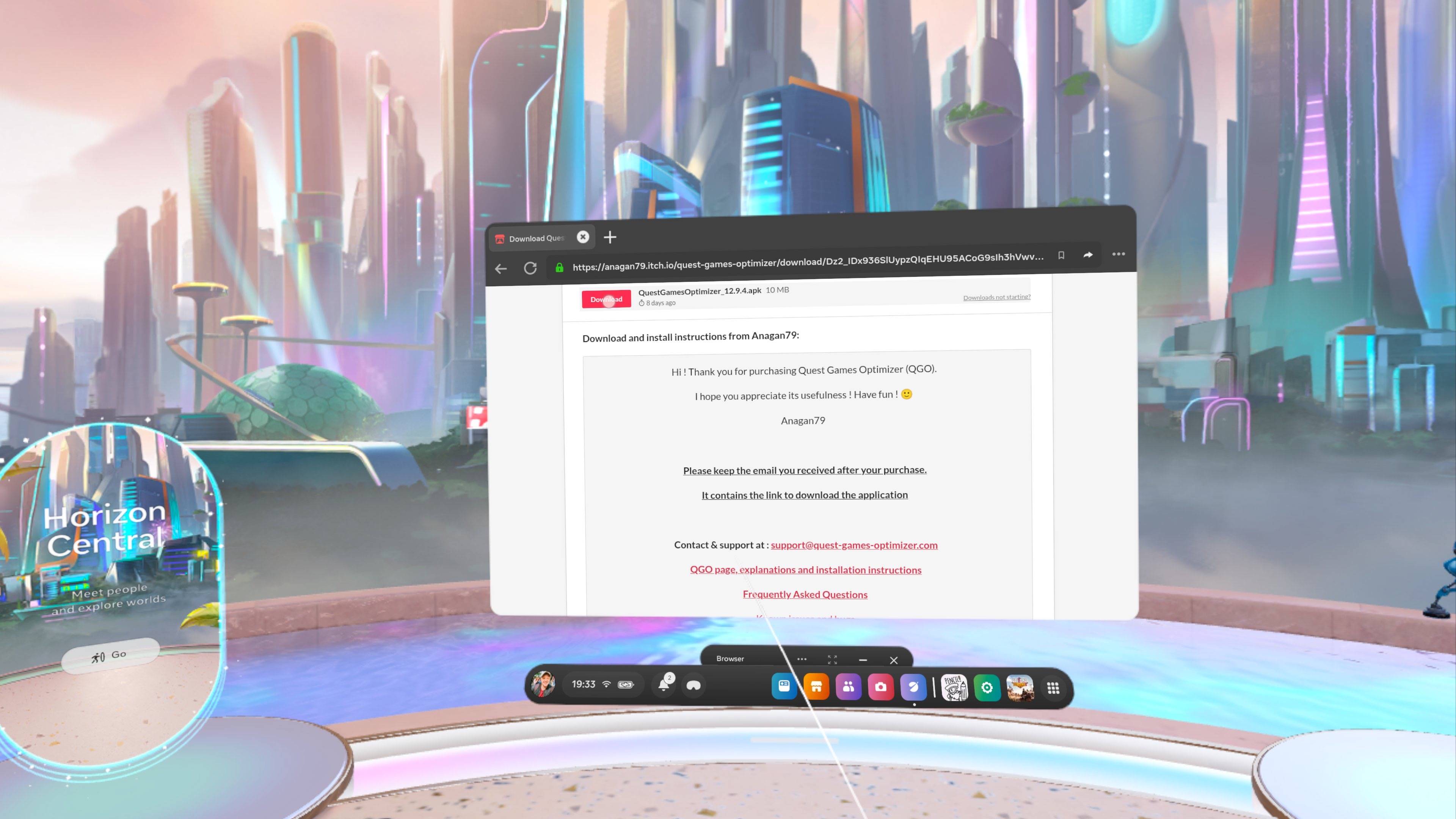 Quest Game Optimizer browser page shown on Meta Quest 3 browser app in VR