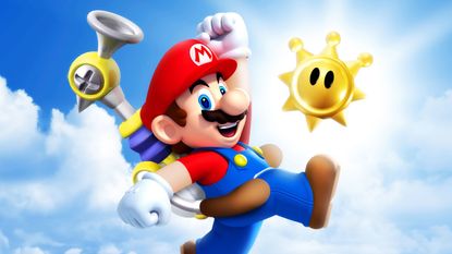 Super Mario Sunshine screenshot of Mario striking a post with the FLUDD tool on his back