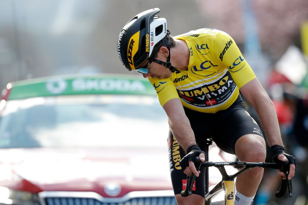 DUNLEPALESTEL FRANCE MARCH 08 Christophe Laporte of France and Team Jumbo Visma Yellow Leader Jersey crosses the finish line during the 80th Paris Nice 2022 Stage 3 a 191km stage from Vierzon to DunlePalestel ParisNice WorldTour on March 08 2022 in DunlePalestel France Photo by Bas CzerwinskiGetty Images