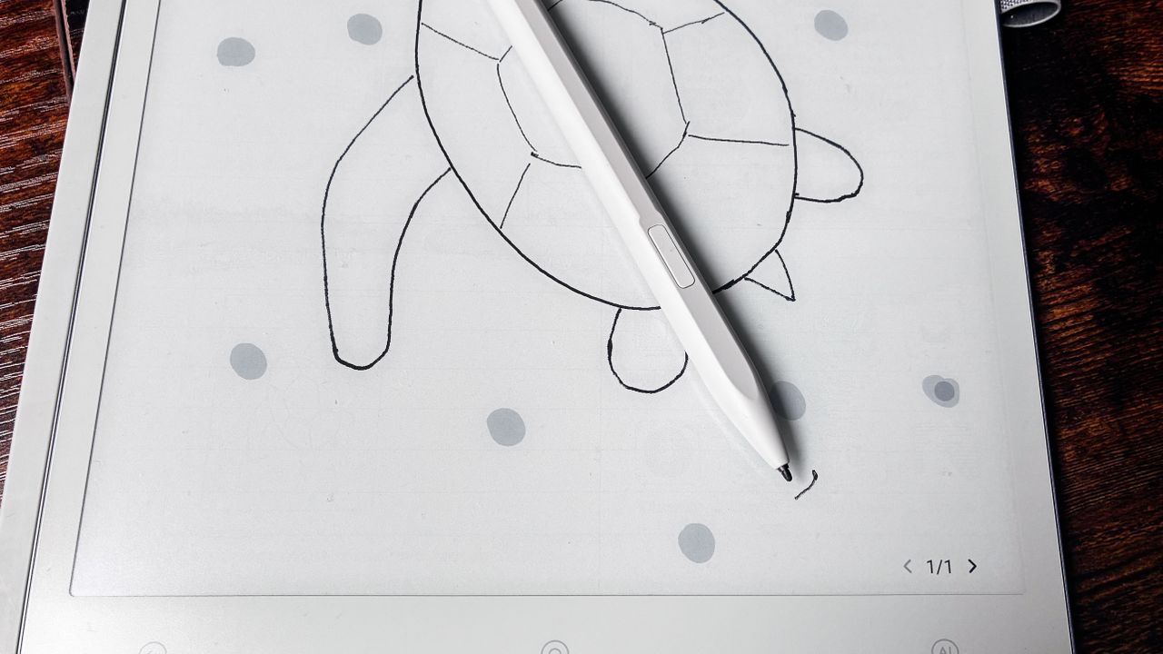 AiPaper Gen2.5 Stylus Pen lying on a drawing on the ViWoods AiPaper with its button on top