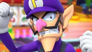 Waluigi who has a big pink nose and purple plumber outfit