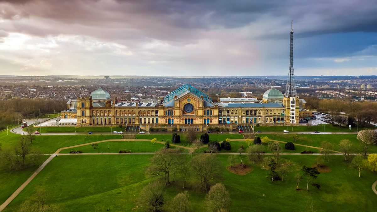 An aerial view of the front aspect of Alexandra Palace, with roof antenna visible