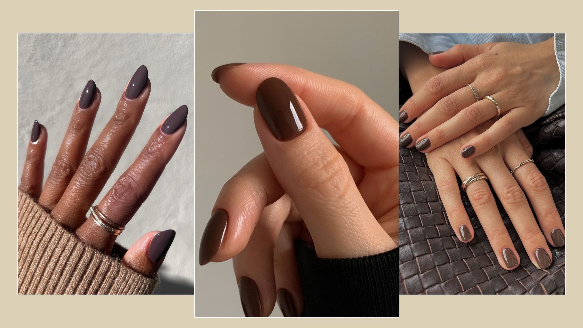 A collage with pictures of chocolate brown manicures