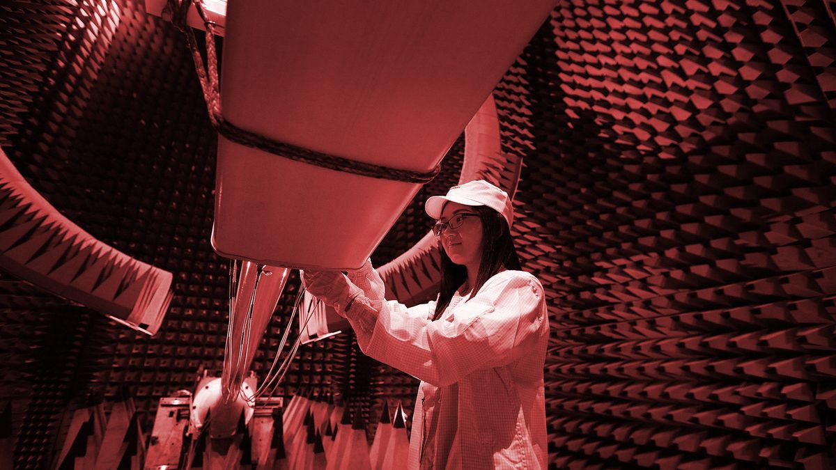 A Huawei worker assembling a 5G antenna in China.