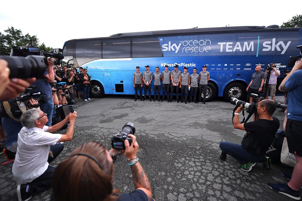 The press take images of Team Sky at a press conference ahead of the Tour de France