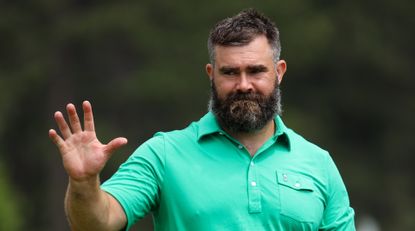 Former NFL football player Jason Kelce waves to fans at the 18th hole on day three of the 2024 American Century Championship at Edgewood Tahoe Golf Course on July 14, 2024 in Stateline, Nevada.