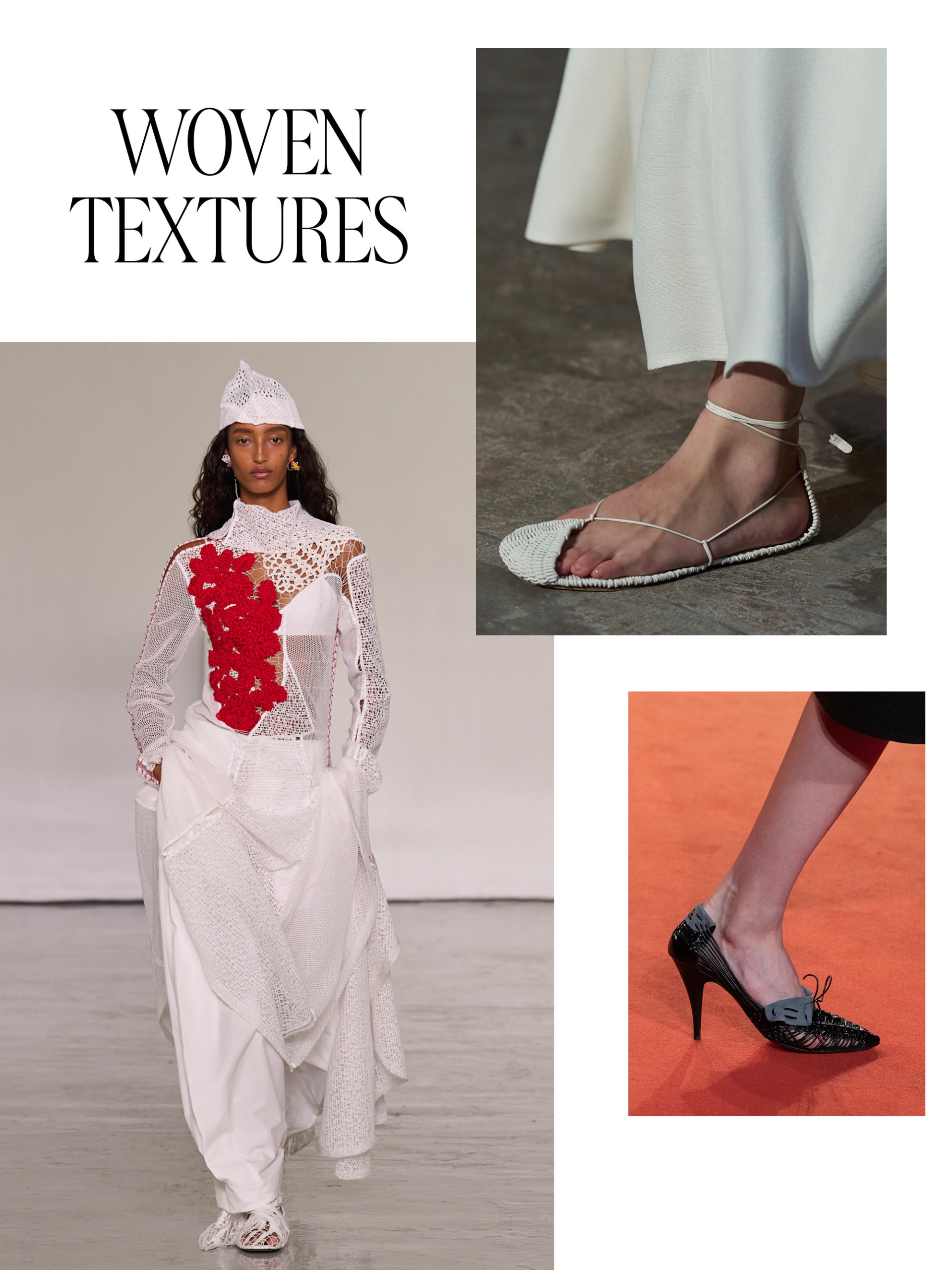 a collage of detail and full look runway images from the spring/summer 2027 collections featuring the major shoe trends