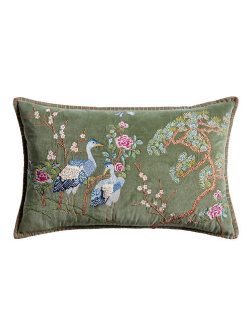 Sage Green Velvet Crane Embroidered Lumbar Pillow
