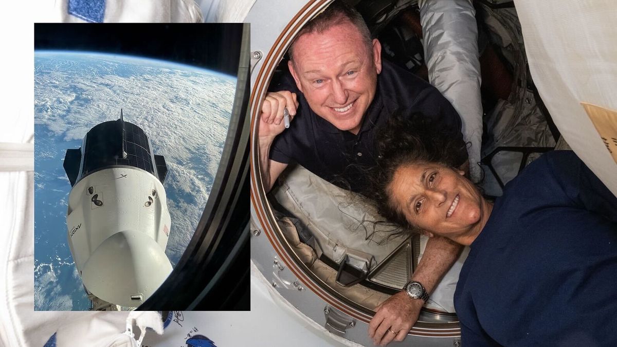 An image of a white spacecraft over a blue portion of earth, seen through a curved window, is superimposed over a photo of two astronauts floating in a space station hatch on the right, both smiling.