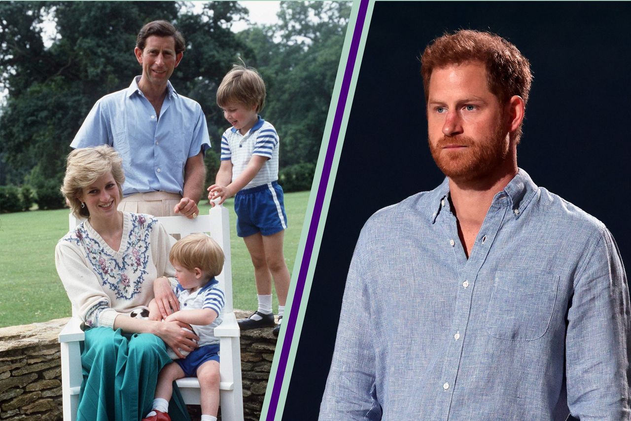 Prince Harry spare claims - A picture of King Charles, Princess Diana and Harry and William and children - taken At Highgrove, 1986 alongside a picture of Harry, picture looking serious