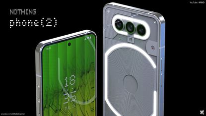 A render of the Nothing Phone (2), with a green wallpaper on a black background