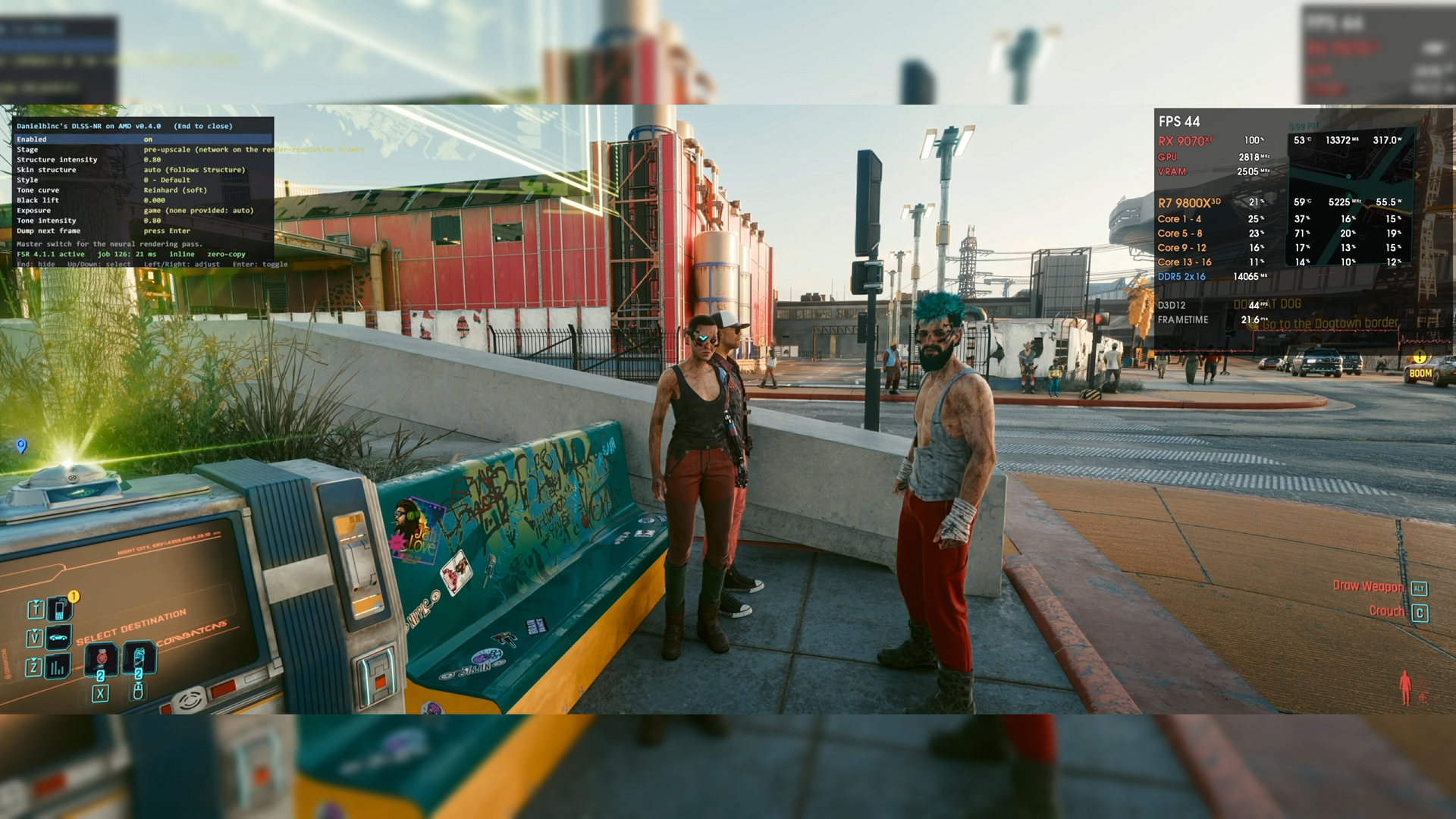 A screenshot of Cyberpunk 2077 running on an AMD Radeon 9070 XT with an unofficial DLSS 5 mod