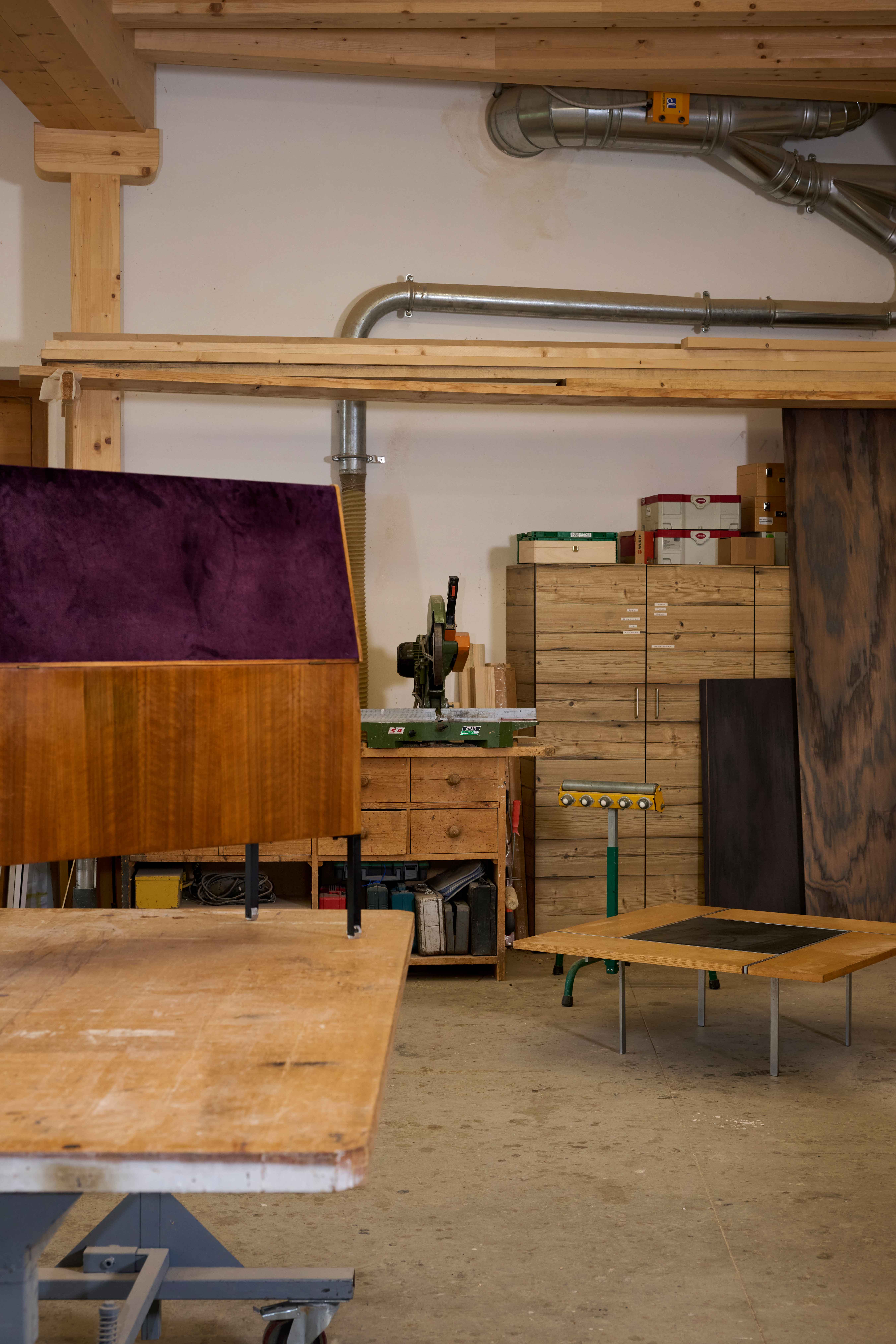 Wood working workshop of Martino Gamper with work in progress of wooden furniture pieces
