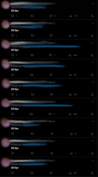 Twitter search log of someone repeatedly telling various accounts the phrase "30 fps"