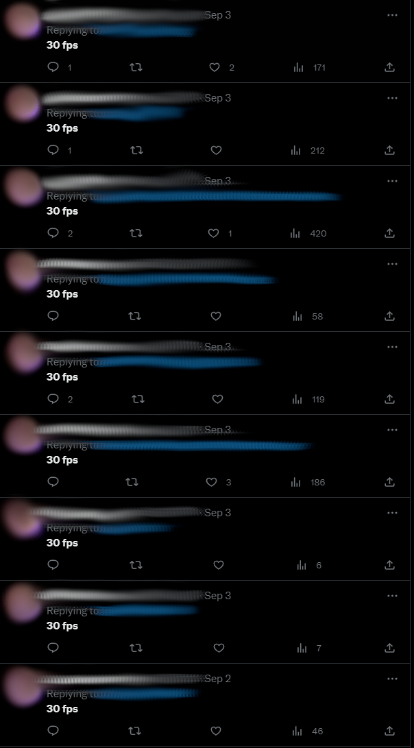Twitter search log of someone repeatedly telling various accounts the phrase 