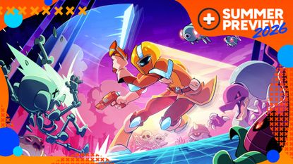 Key art for Chivalware showing a yellow disk knight zooming through exploding enemies on a cyber grid while slashing with a sword, with the orange GamesRadar+ Summer Preview 2026 frame