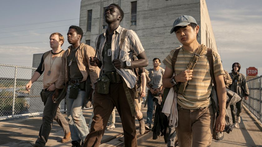 Cooper Hoffman as Garraty, David Jonsson as McVries, Tut Nyuot as Baker, and Ben Wang as Olson in The Long Walk