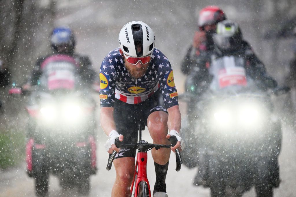 SIENA ITALY MARCH 02 Quinn Simmons of The United States and Team Lidl Trek competes in the breakaway in heavy rain during the 18th Strade Bianche 2024 Mens Elite a 215km one day race from Siena to Siena 320m UCIWT on March 02 2024 in Siena Italy Photo by Tim de WaeleGetty Images