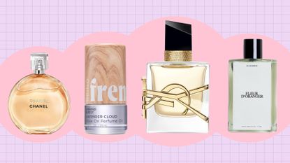 Travel perfumes: perfumes from Chanel, Being Frenshe, YSL, ZARA pictured in a pink and purple template