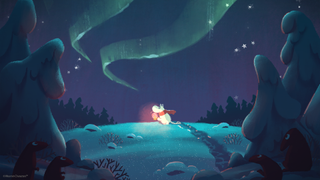 The lead character wanders across a snowy path at night, lighting the way with a lantern as the northern lights swirl above