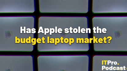The text "Has Apple stolen the budget laptop market?" against a glitched, dark background showing tessellating MacBook Neos. The words "budget laptop market" are in yellow, the rest are in white. In the bottom-right corner, the ITPro Podcast logo is shown.