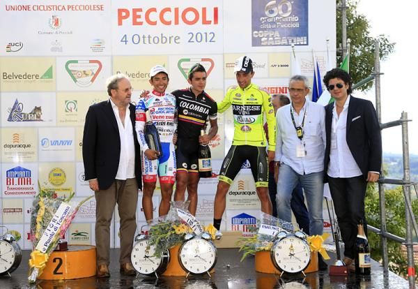2012 Coppa Sabatini podium (L-R): Miguel Rubiano (Androni Giocattoli-Venezuela, 2nd; Fabio Duarte (Colombia-Coldeportes), 1st; Matteo Rabottini (Farnese Vini-Selle Italia), 3rd