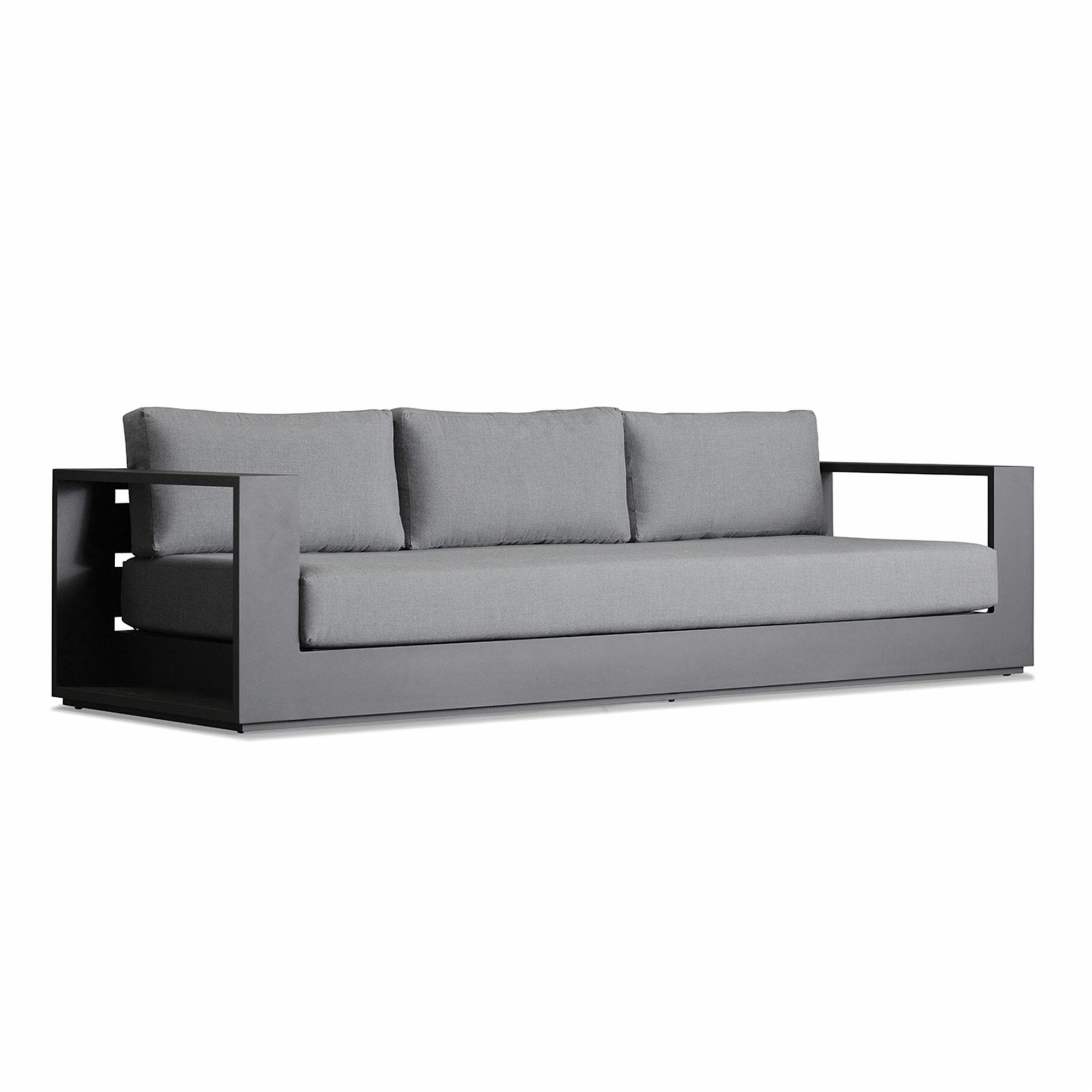 sofa with a metal frame and grey cushions