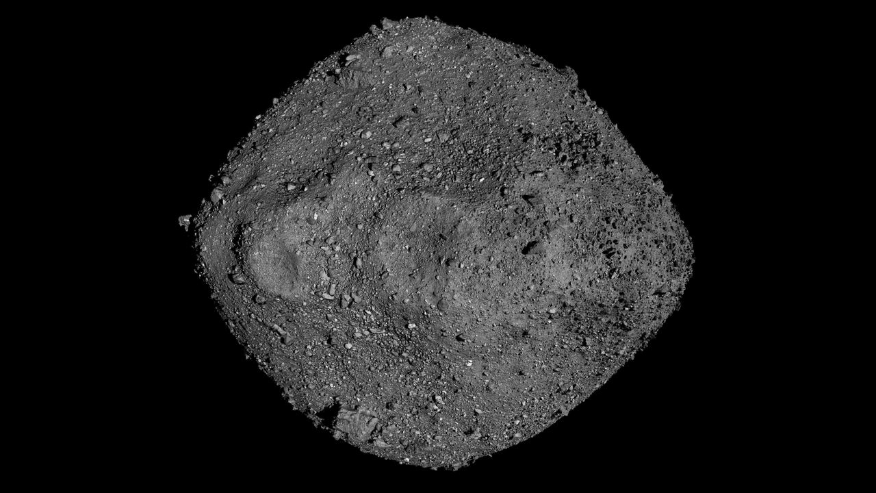 A mosaic image of the asteroid Bennu created using data from NASA's OSIRIS-REx mission to sample the space rock.