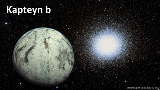 Artist's concept of the potentially habitable world Kapteyn b with the globular cluster Omega Centauri in the background. Kapteyn b lies just 13 light-years from Earth.