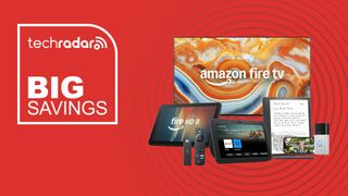 Collage of Amazon Devices on a red background