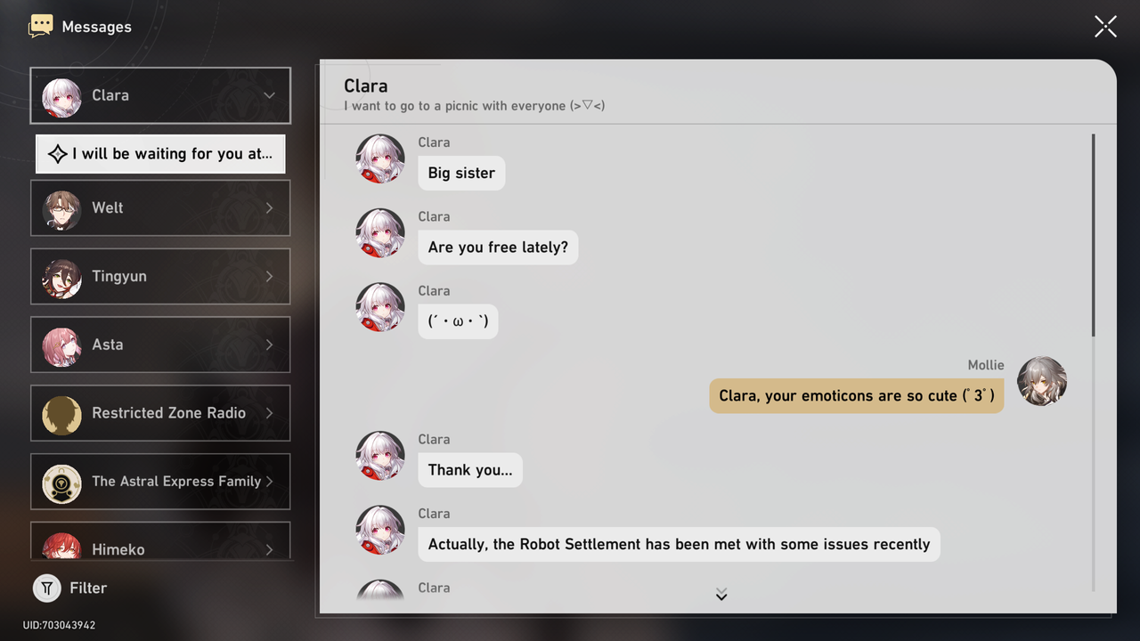 Honkai: Star Rail text messages.