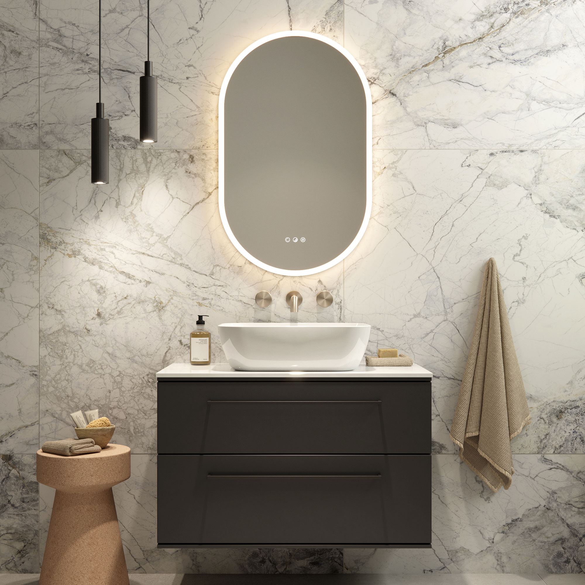 Floating vanity in bathroom with marble wall and light up mirror