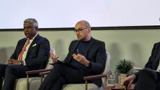 Demis Hassabis, CEO and founder of Google DeepMind, pictured on stage alongside Google Cloud CEO Thomas Kurian, at the Gemini for the United Kingdom event in London.
