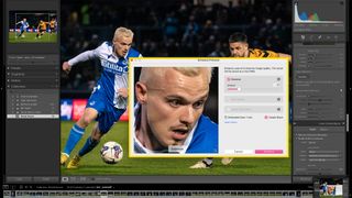 Adobe Lightroom's Denoise feature used to remove noise from image of Bristol Rovers soccer player