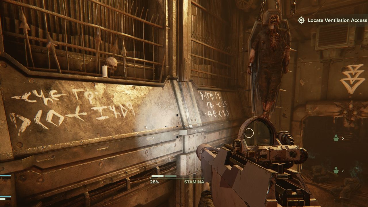 Darktide easter egg: graffiti that says "FOP [sic] THE DARK GODS," DEATH TO THE FALSE EMPEROR," and the symbol for Rapid Regeneration in Chaos Runes