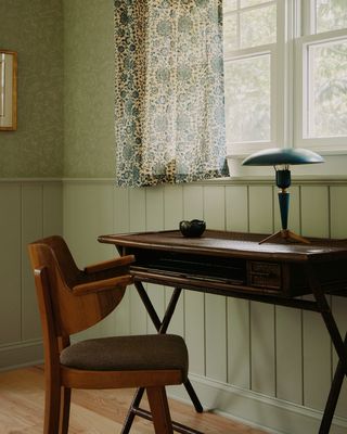 home office with shiplap wainscoting