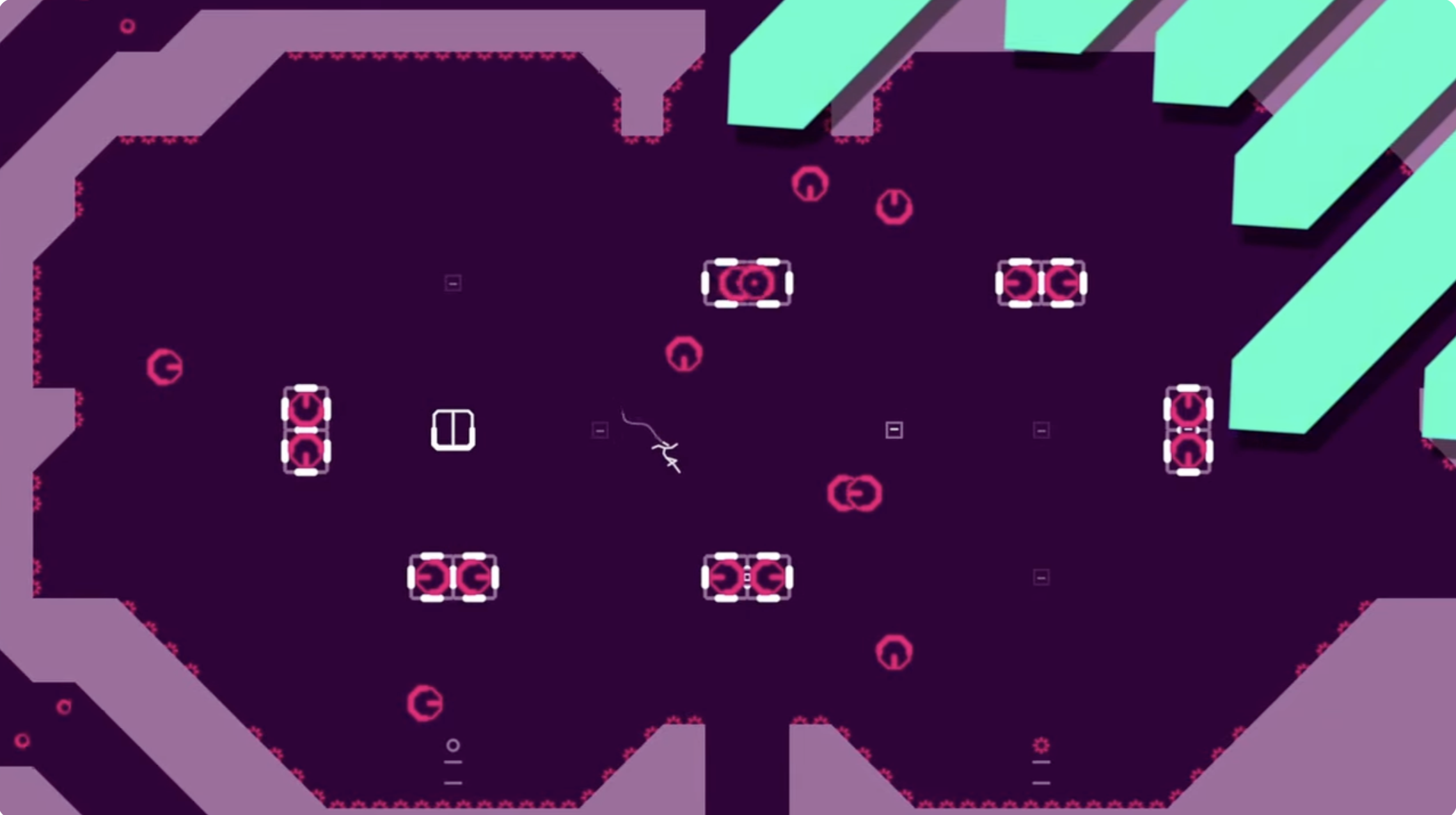 A screenshot from N++ showing a tiny moving figure navigating a dangerous purple world
