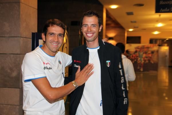 Franco Ballerini greets last year's World Champion Alessandro Ballan