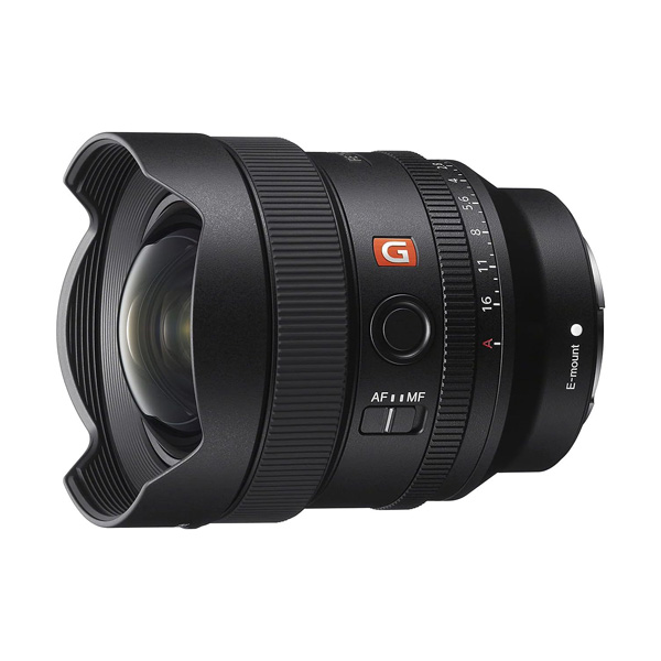 A Sony FE 14mm f/1.8 GM lens on a white background. 