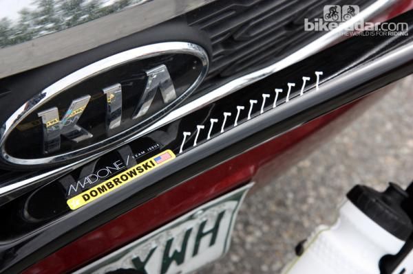 Bontrager-Livestrong rising star Joe Dombrowski has a string of axes lining his top tube, denoting various podiums, wins, and other achievements.