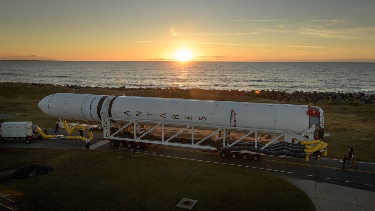 A Northrop Grumman Antares rocket is seen as it rolls out to Pad-0A, Tuesday, Oct. 29, 2019, at NASA's Wallops Flight Facility in Virginia.