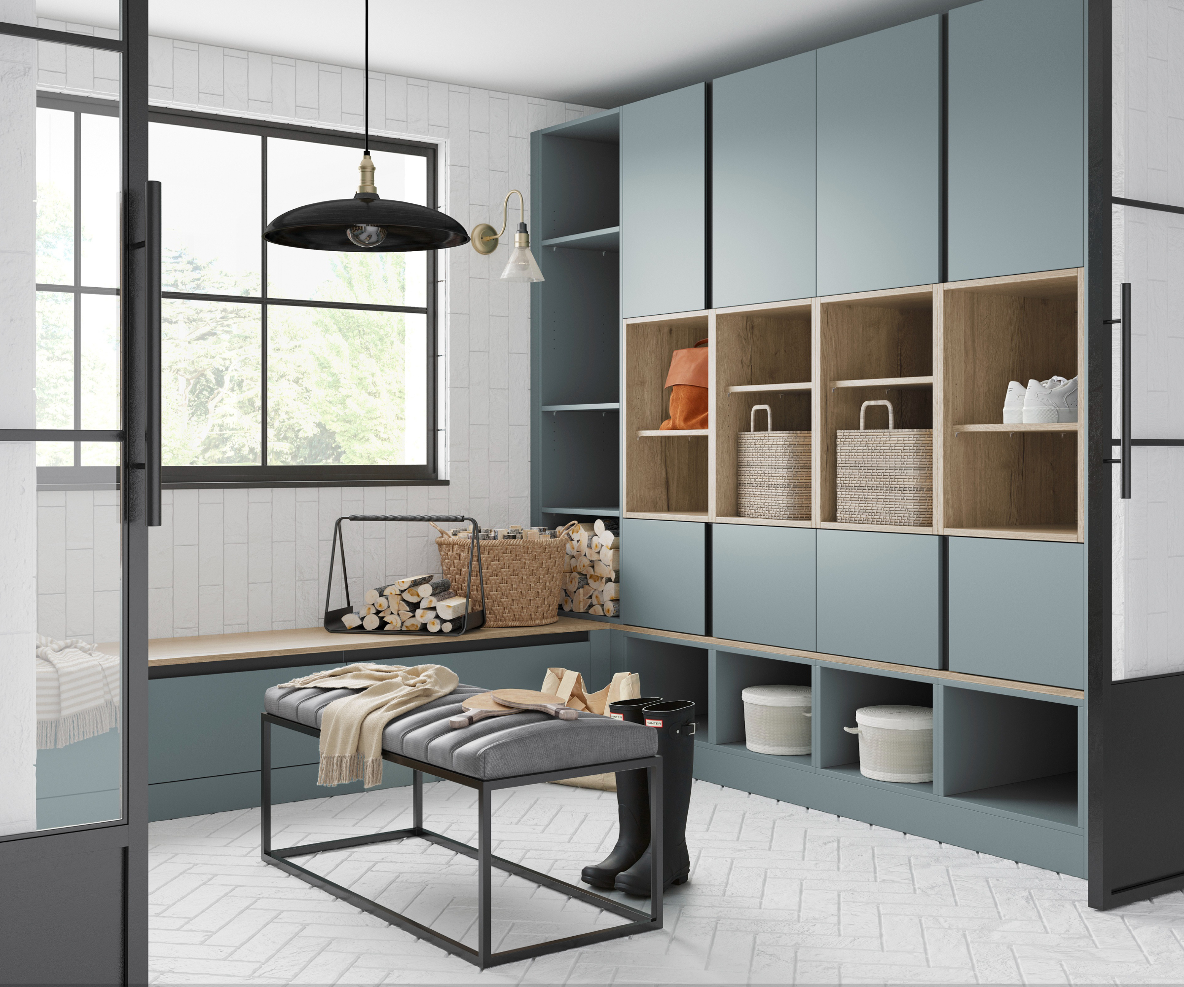 modern boot room with a combination of cupboards, open cubby holes and long low drawers with freestanding padded top bench in the middle of the room