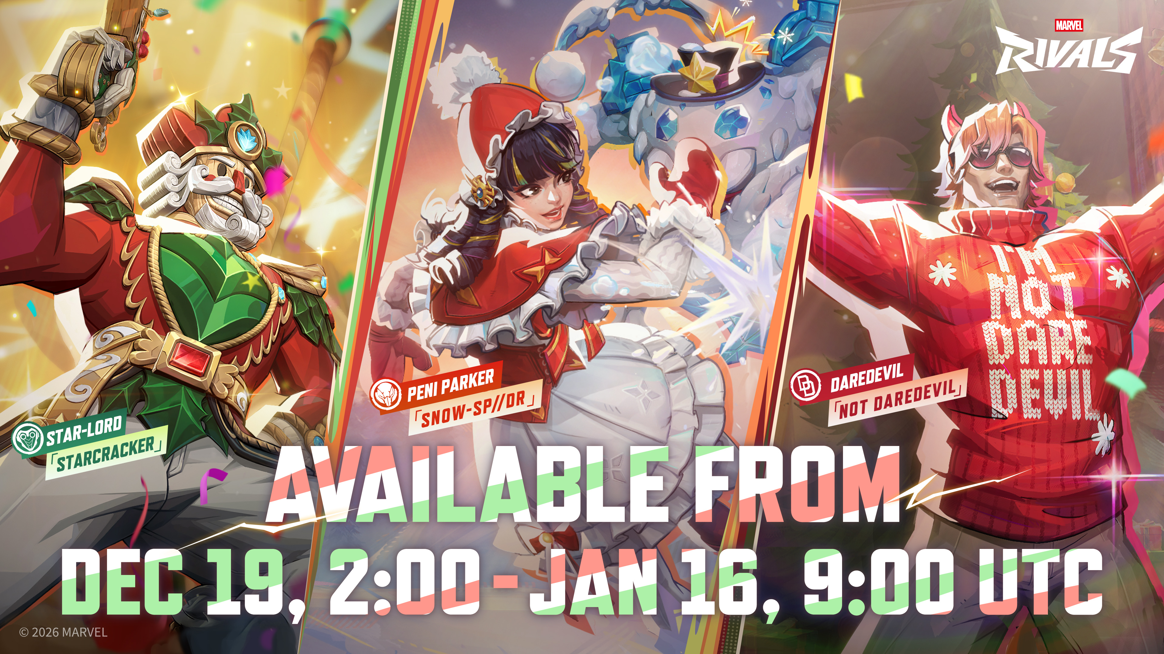 Christmas skins for Star-Lord, Peni Parker, and Daredevil, side by side.