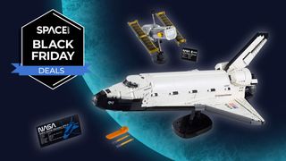 Lego Space shuttle set on a blue planet background with space.com black friday logo in the top-left